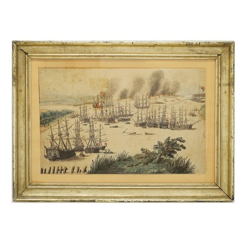 Schiffsaquarell mit zahlreichen Schiffen in einer 
Bucht. gezeichnet um 1830. Lichtmasse: 33x52cm. 
Mit Rahmen: 50x69cm