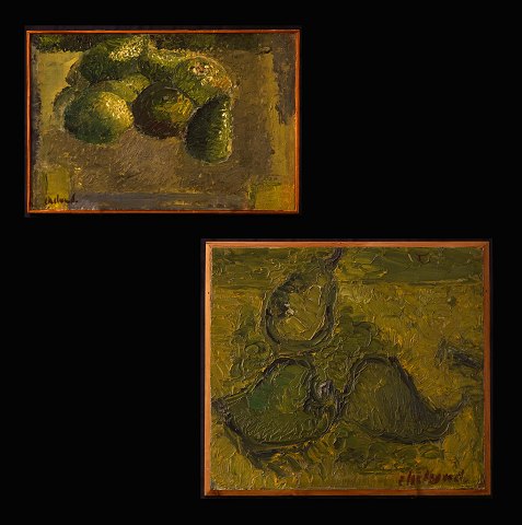 Poul Ekelund, 1921-76, oil on plate: Two stilleben 
with fruits. Visible size: 18x26,5cm and 25x29cm