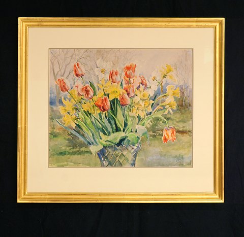 Storfyrstinde Olga Alexandrova af Rusland: 
Stilleben with flowers. Watercolour. Signed. Circa 
1930. Visible size: 35x42cm. With frame: 54x61cm