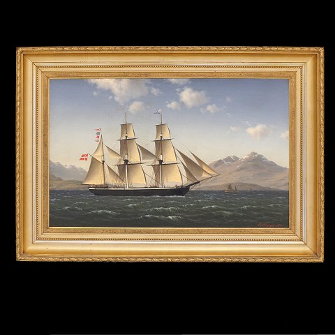 Carl Baagøe, 1829-1902: Die "Emma Aorigne" an der 
Küste von Island. Öl auf Leinen. Signiert und 
datiert 1870.
Lichtmasse: 50x80cm. Mit Rahmen: 70x100cm