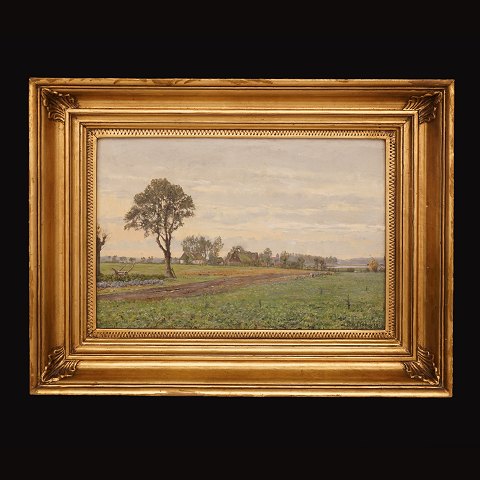 Ole Ring, 1902-72: View with fields and a small 
village. Oil on canvas. Signed and dated 1942. 
Visible size: 21x31cm. With frame: 33x43cm
