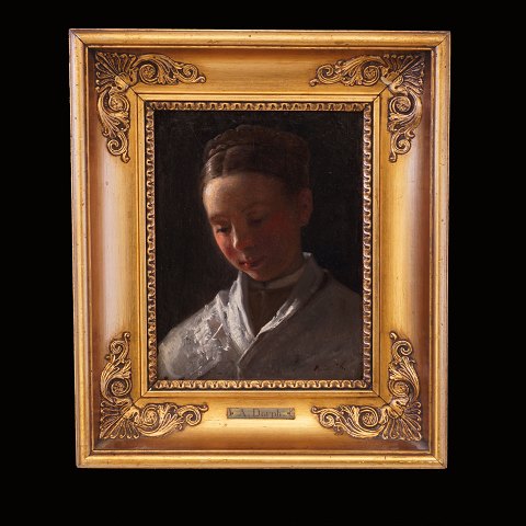 Anton Dorph, 1831-1914, Porträt einer jungen Frau. 
Öl auf Leinen. Signiert und datiert 1876. 
Lichtmasse: 19x15cm. Mit Rahmen: 31x27cm