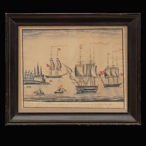 P. Rose, Marinenmotiv, Aquarell, zeigend die 
Schiffe "Dronning Marie", "Najaden" und "Allart". 
Signiert und datiert 1834. Lichtmasse: 45x55cm. 
Mit Rahmen: 60x70cm
