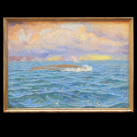 Johannes Larsen, 1867-1961, oil on canvas. Fin 
whale and swimming puffins at the coast of 
Iceland. Signed and dated 1930. Visible size: 
93x130cm. With frame: 102x139cm