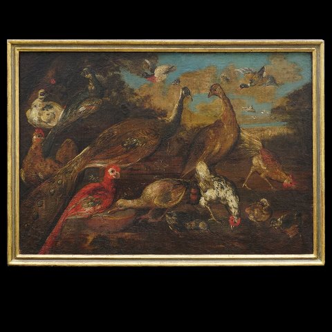 Large stillife, oil on canvas, with birds. Visible 
size: 81x116cm. with frame: 91x126cm
