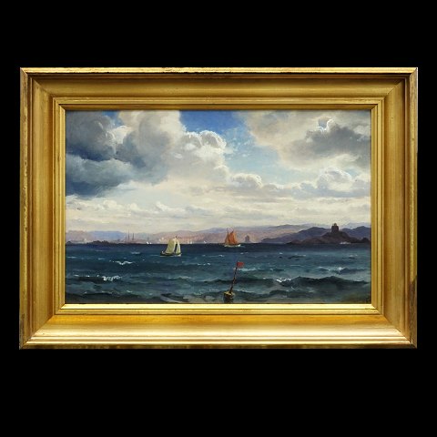 C. F. Sørensen, Denmark, 1818-79. Seascape with 
small ships. Signed. Visible size: 29x45cm. With 
frame: 40x56cm