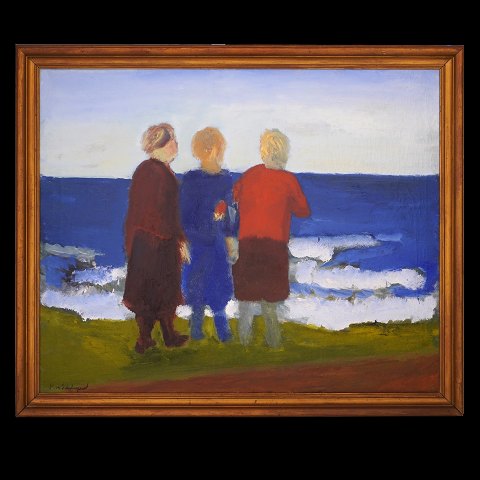 Jens Søndergaard, 1895-1957, oil on canvas. Women 
at the sea. Signed. Visible size: 90x109cm. With 
frame: 103x122cm