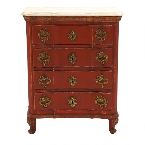 Mid 18th century Baroque red decorated marble top 
commode. Denmark circa 1750. H: 83cm. Top: 64x34cm