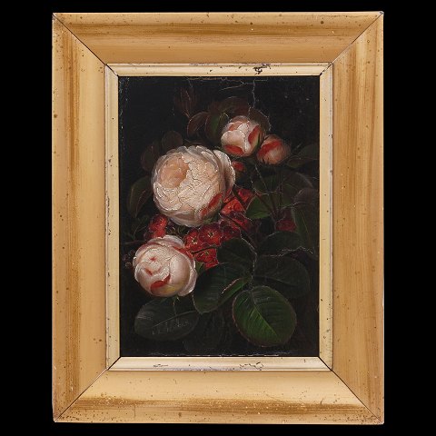 Signed I. L. Jensen, 1800-56, stillife with roses. 
Denmark circa 1830-40. Visible size: 20x14,5cm. 
With frame: 29x23,5cm