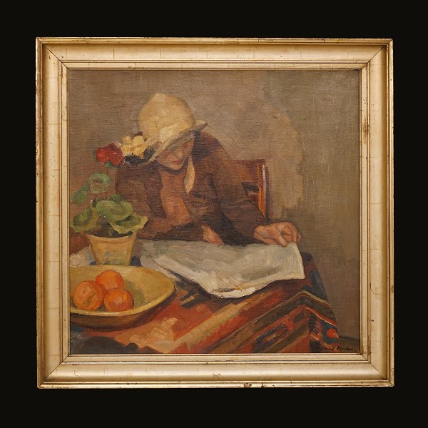 Carl Fischer, 1876-1953:  Woman reading. Signed. Oil on canvas. Visible size: 
67x68cm. With frame: 55x56cm