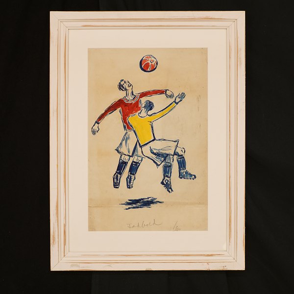 Svend Johansen, 1890-1970, "Fodboldspillere". Signeret. Lysmål: 42x27cm. Med 
ramme: 59x44cm