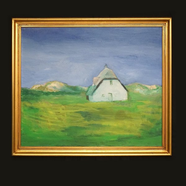 Jens Søndergaard, 1895-1957: Landscape with house. Oil on canvas. Signed. 
Visible size: 83x98cm. With frame: 97x112cm