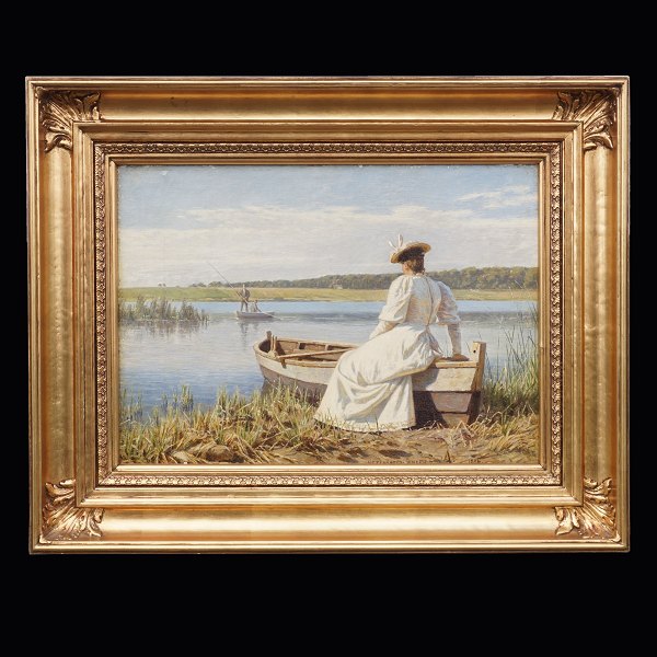 N. F. Schiøttz-Jensen, 1855-1941: Woman at boat. Oil on canvas. Signed and dated 
1896. Visible size: 34x47cm. With frame: 54x67cm