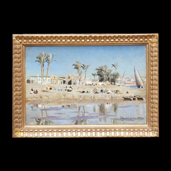 Peder Mønsted, 1859-1941, Öl auf Leinen. Signiert und datiert Cairo 1896. 
Lichtmasse: 19x29cm. Mit Rahmen: 42x52cm