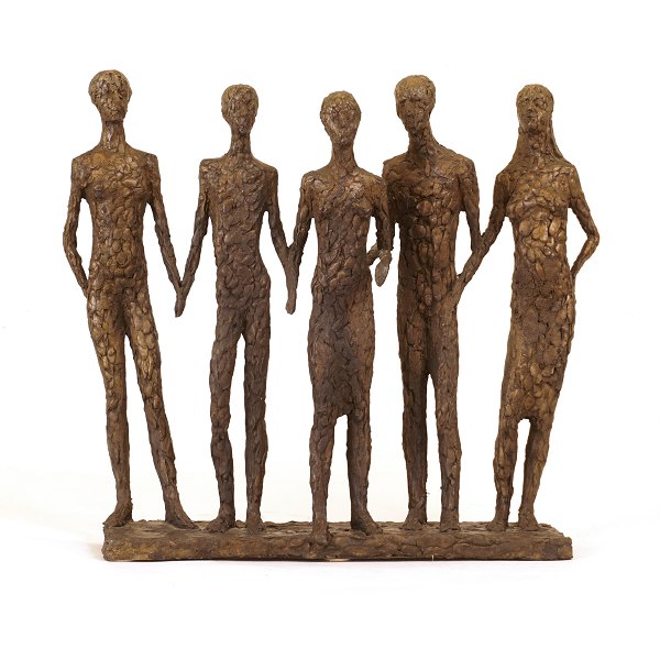 A bronze sculpture by Hanne Varming, b. 1939, "Family". Signed. H: 37cm. B: 42cm