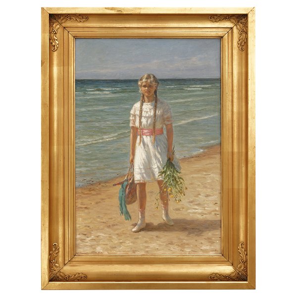 N. F. Schiøttz-Jensen, 1855-1941, Öl auf Leinen. "Junges Mädchen am Strand". 
Signiert und datiert 1918. Ausgestellt Kopenhagen 1919. Lichtmasse: 64x42cm. Mit 
Rahmen: 82x60cm