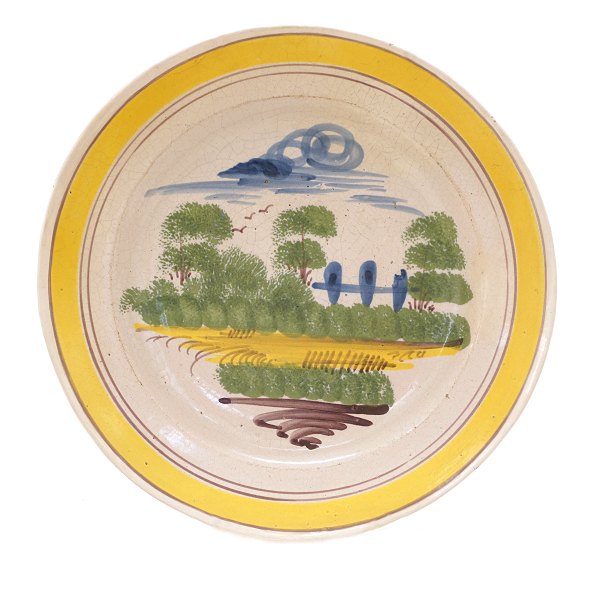 Grosse Fayence Platte mit Landschaftsmotiv. Kellinghusen um 1800. D: 30,3cm