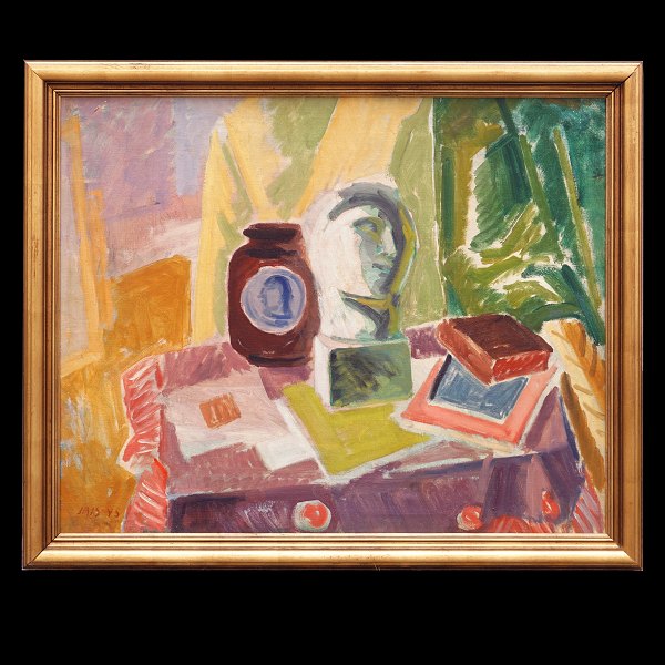 Jais Nielsen, 1885-1961, painting, oil on canvas. Nature morte. Signed and dated 
1945. Visible size: 64x79cm. With frame: 75x90cm