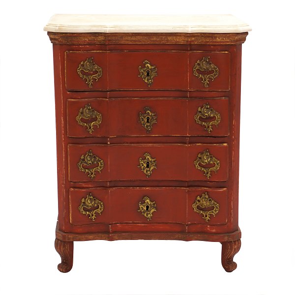 Mid 18th century Baroque red decorated marble top commode. Denmark circa 1750. 
H: 83cm. Top: 64x34cm