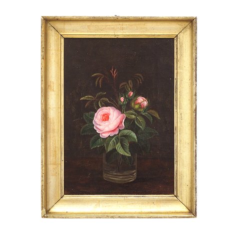 Blomstermaleri, olie på lærred. Stilleben med roser. "Malet 1874 af Louise Behrens - 16 Aar"