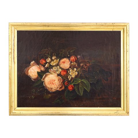 Blomstermaleri, olie på lærred, stilleben med roser. Signeret "F B 1862"