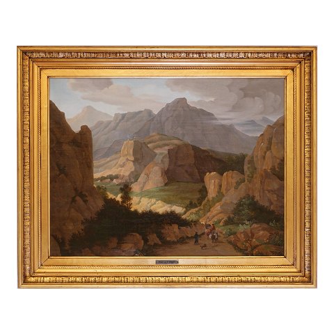 I. P. Møller, 1783-1854, personer i bjergrigt landskab, olie på lærred. Signeret. Lysmål: 48x64. Med ramme: 64x80cm
