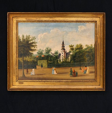 Byparti fra København, olie på lærred. Rosenborg Slot set fra Gothersgade omkring år 1800. Lysmål: 36x49cm. Med ramme: 48x61cm
