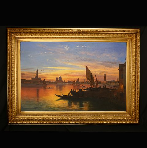 Carl Frederik Aagaard, 1833-95, Venedig i solnedgangen, olie på lærred. Signeret C F Aagaard og dateret 1881. Lysmål: 78x119cm. Med ramme: 108x149cm