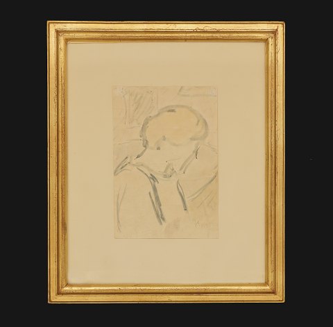 Harald Giersing, 1881-1927: Interiør med kvinde, Vandfarve. Signeret med monogram 1904. Lysmål: 30x21cm. Med ramme: 56x47cm
