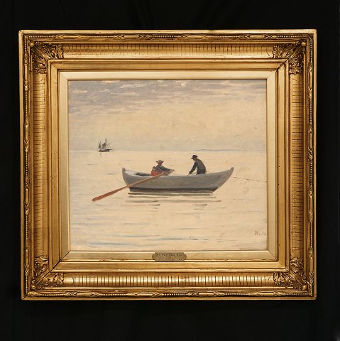 Michael Ancher, 1849-1927: "Fiskerne sætter garn. Skagen". Olie på lærred. Signeret "MA" ca. år 1920. Lysmål: 37x43cm. Med ramme: 59x65cm