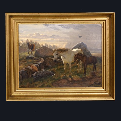 Simon Simonsen, 1841-1928: Drei Pferde auf einem 
Hügel
Datiert und signiert 1864
Lichtmasse: 31x40cm. Mit Rahmen: 42x51cm