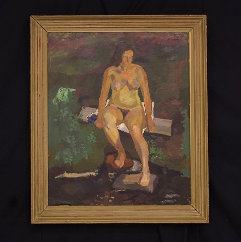 Sven Ljungberg, 1913-2010, Sverige: Nøgen kvinde i have. Olie på lærred. Signeret og dateret 1942. Lysmål: 76x60cm. Med ramme: 92x76cm