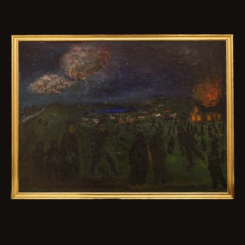 Jens Søndergaard: "Brennendes Haus". Öl auf 
Leinen. Signiert und datiert 1931. Lichtmasse: 
96x122cm. Mit Rahmen: 102x128cm