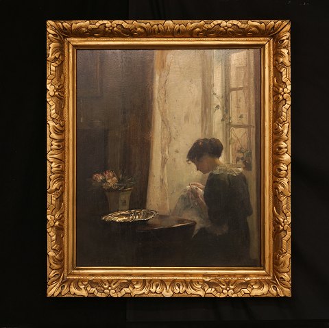 Carl Vilhelm Holsøe, 1863-1935, Kunstnerens hustru siddende ved vindue. Lysmål: 52x43cm. Med ramme: 66x57cm