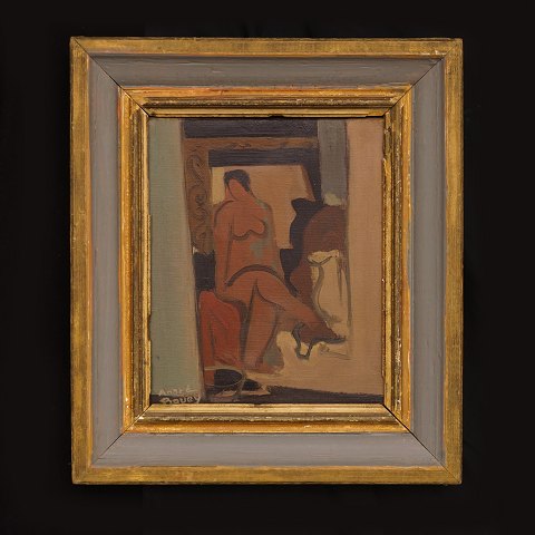 Pierre André Bouey, 1898-1976, interiør med kvinde. Olie på lærred. Signeret. Lysmål: 26x21, Med ramme: 39x34cm