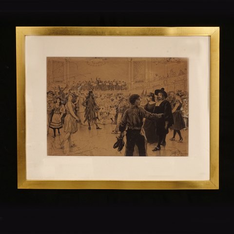 Paul Fischer, 1860-1934: En Karnevalsscene. Signeret og dateret 17. februar 1894. Udført med Tusch, lavering og pen på papir. Lysmål: 33x46cm. Med ramme: 53x66cm