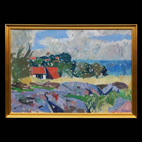 Olaf Rude, 1886-1957, Udsigt fra kunstnerens 
atelier, Allinge, Bornholm. Olie på lærred. 
Signeret og dateret 1943. Lysmål: 79x114cm. Med 
ramme: 83x118cm