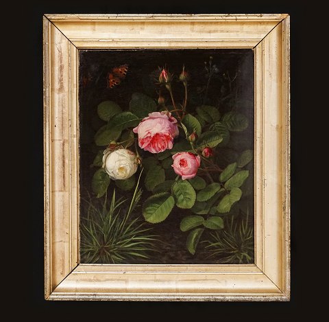 O. D. Ottesen, Broager, 1816-92: Stilleben med roser, insekt og sommerfugl. Olie på lærred. Signeret og dateret 1877. Lysmål: 37x31cm. Med ramme: 49x43cm