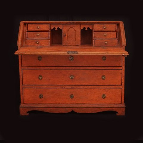 A 18th century red decorated bureau. Denmark circa 
1760. H: 105cm. W: 119cm. D: 88cm