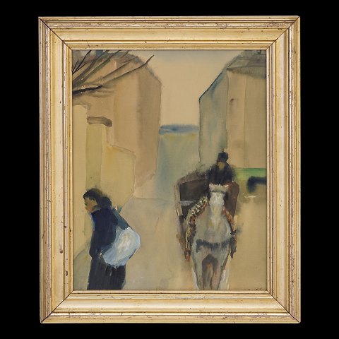 Carl Fischer, 1887-1962, watercolor: Street scene 
with persones. Signed. Visible size: 36x29cm. With 
frame: 46x39cm