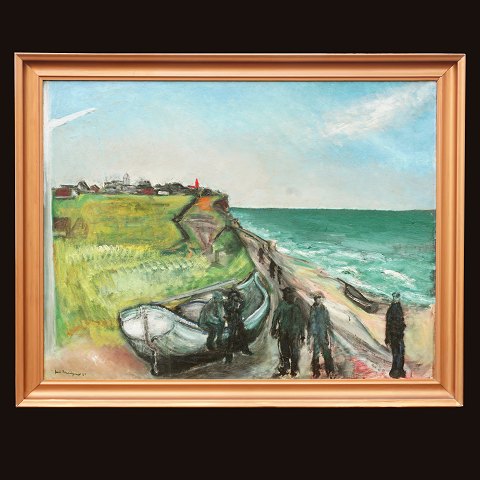 Jens Søndergaard, 1895-1957, Öl auf Leinen. 
"Bovbjerg Strand". Signiert und datiert 1929. 
Lichtmasse: 76x99cm. Mit Rahmen: 89x112cm