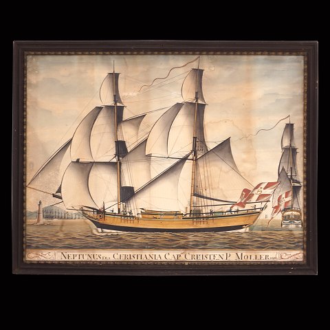 Skibsakvarel forestillende "Neptunus fra Christiania Capt Chresten P Moller 1795". Hidrørende fra kaptajnsgård på Rømø. Lysmål: 47x64cm. Med ramme: 53x70cm