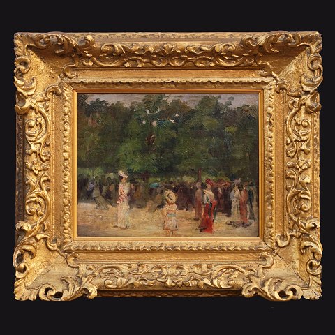 A French artist circa 1880: Streetlife. Oil on wood. Visible size: 19x24cm. With frame: 36x41cm