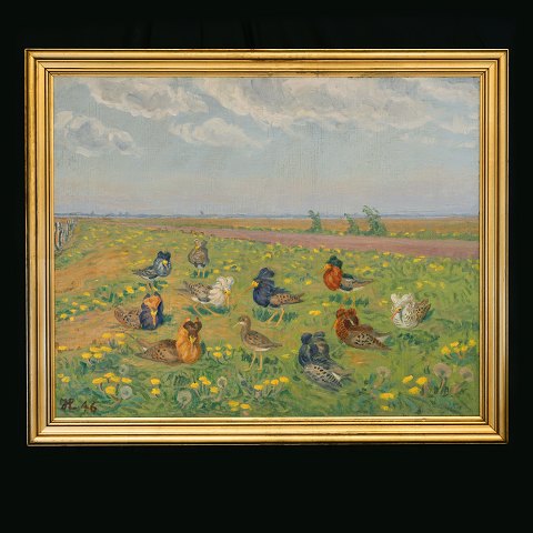 Johannes Larsen maleri. Johannes Larsen, 
1867-1961, olie på lærred. Signeret og dateret 
1946. Ligeledes signeret på blændramme. Lysmål: 
57x70cm. Med ramme: 67x80cm