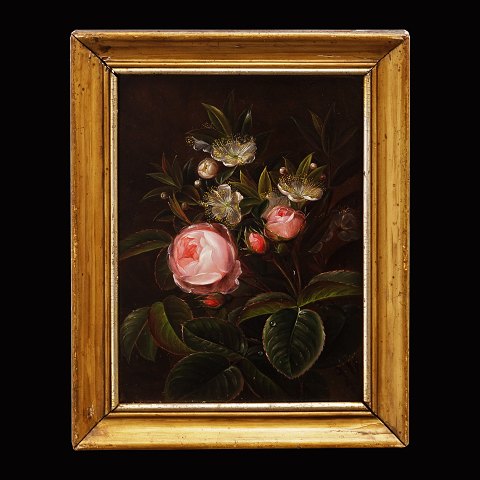 Blumengemälde von der Schule I. L. Jensens. Öl auf 
Holz. Signiert "EM" um 1830. Lichtmasse: 
19x13,5cm. Mit Rahmen: 23,5x18cm