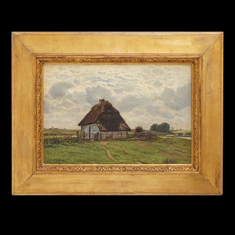 Anton Thorenfeldt, 1839-1907, olie på lærred. "Et 
bondehus ved Bauelse". Signeret og dateret 1888. 
Lysmål: 27x40cm. Med ramme: 45x58cm