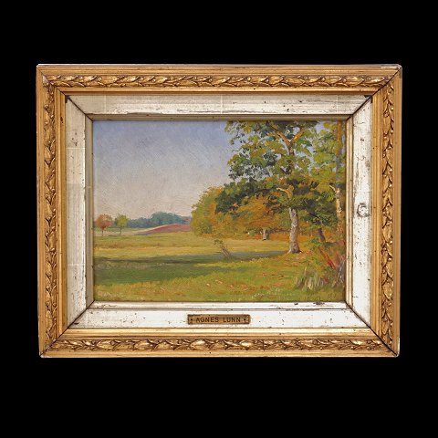 Agnes Lunn, 1850-1941, Öl auf Pappe. Landschaft. Signiert und datiert 1892. Lichtmasse: 14,5x20,5cm. Mit Rahmen: 23x29cm
