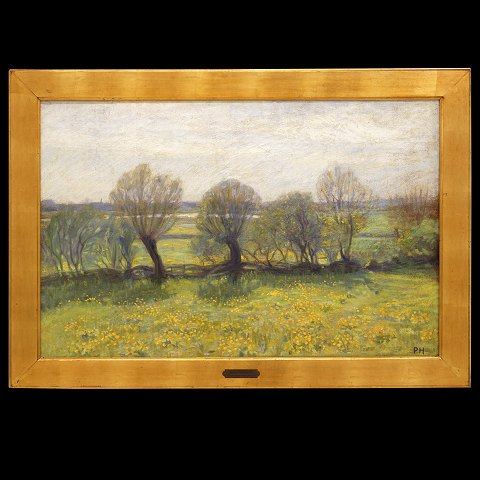 Peter Hansen maleri. Peter Marius Hansen, 
1868-1928, olie på lærred. "Foraarslandskab med 
Pilehegn". Signeret. Lysmål: 62x96cm. Med ramme: 
77x111cm