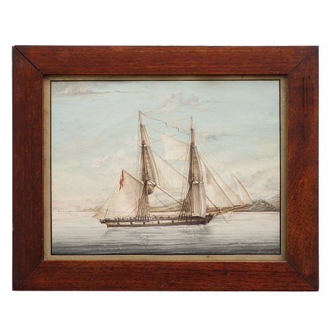 Lille skibsakvarel signeret "Petersen". Ca. år 1860. Lysmål: 19x24cm. Med ramme: 25x30cm