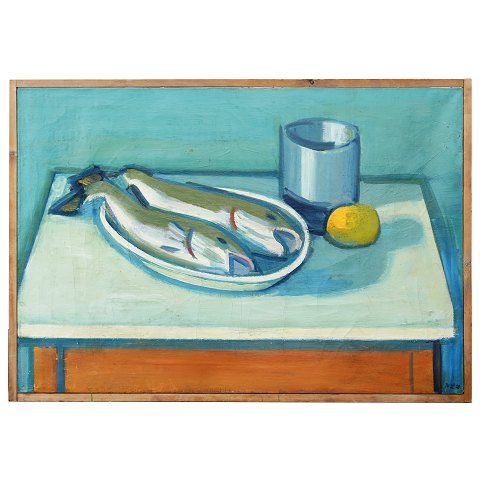 Karl Larsen, 1897-1977, olie på lærred.Stilleben med bord, fisk, citron og vase.Signeret og dateret 1926.Lysmål: 89x130cm. Med ramme: 94x135cm